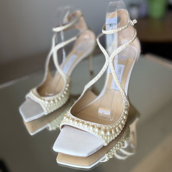 New JIMMY CHOO Azia 75 faux pearl-embellished satin sandals $2,595 - Picture 6 of 13